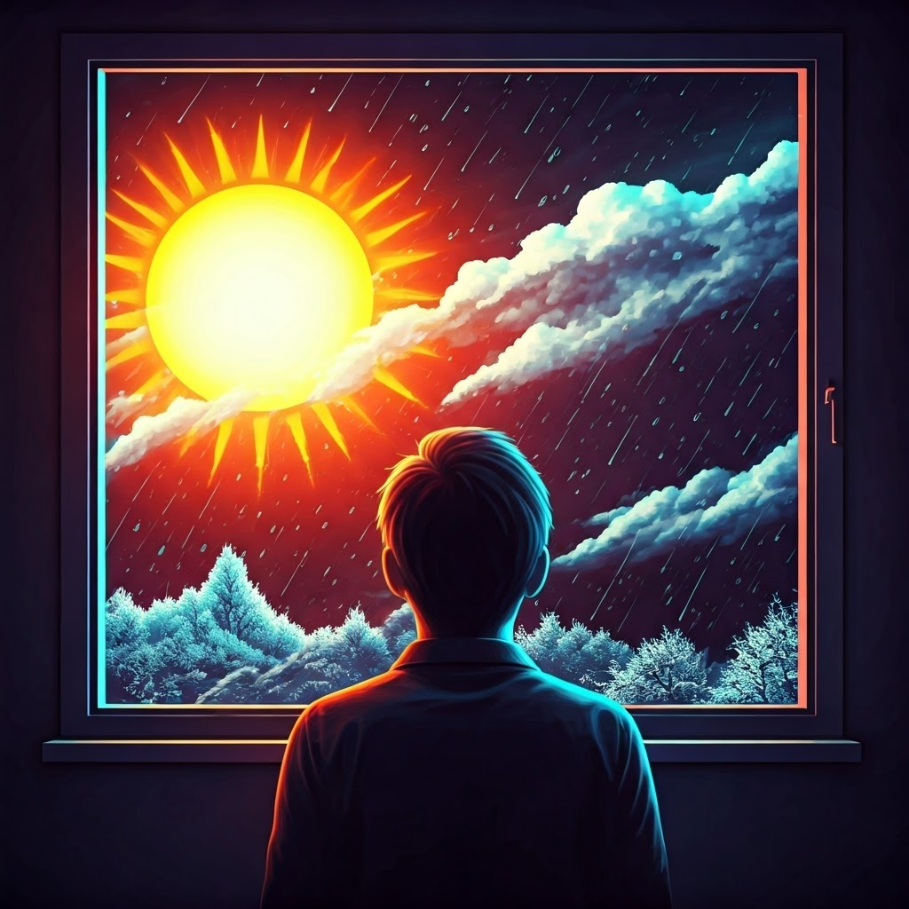 Surreal view through a window cycling between sun, rain, and snow, reflecting rapid weather changes