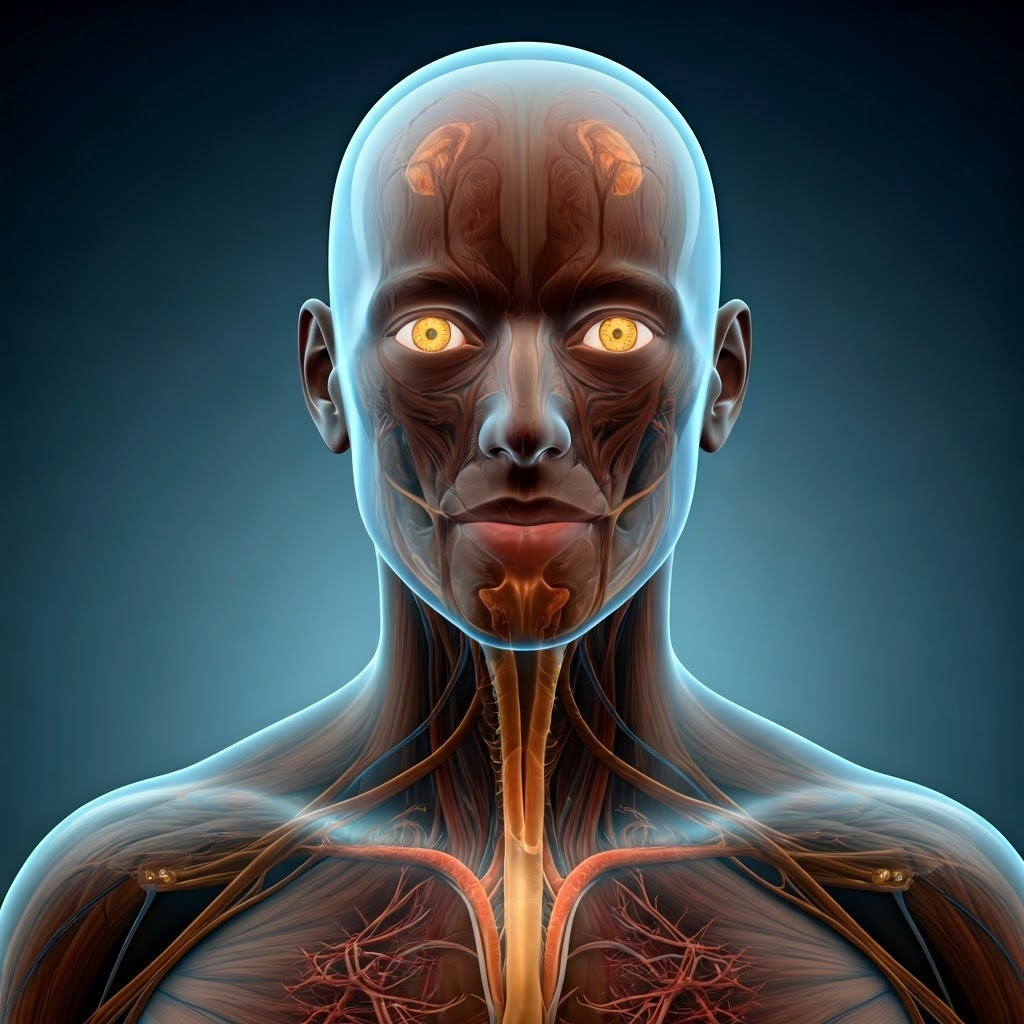 A surreal digital illustration shows a translucent human, inner receptors glowing and linked by luminescent nerves against a dark blue-purple backdrop.