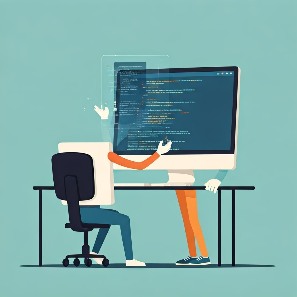 Friendly computer screen teaches code to a student, holographic commands floating in a pastel tech classroom.