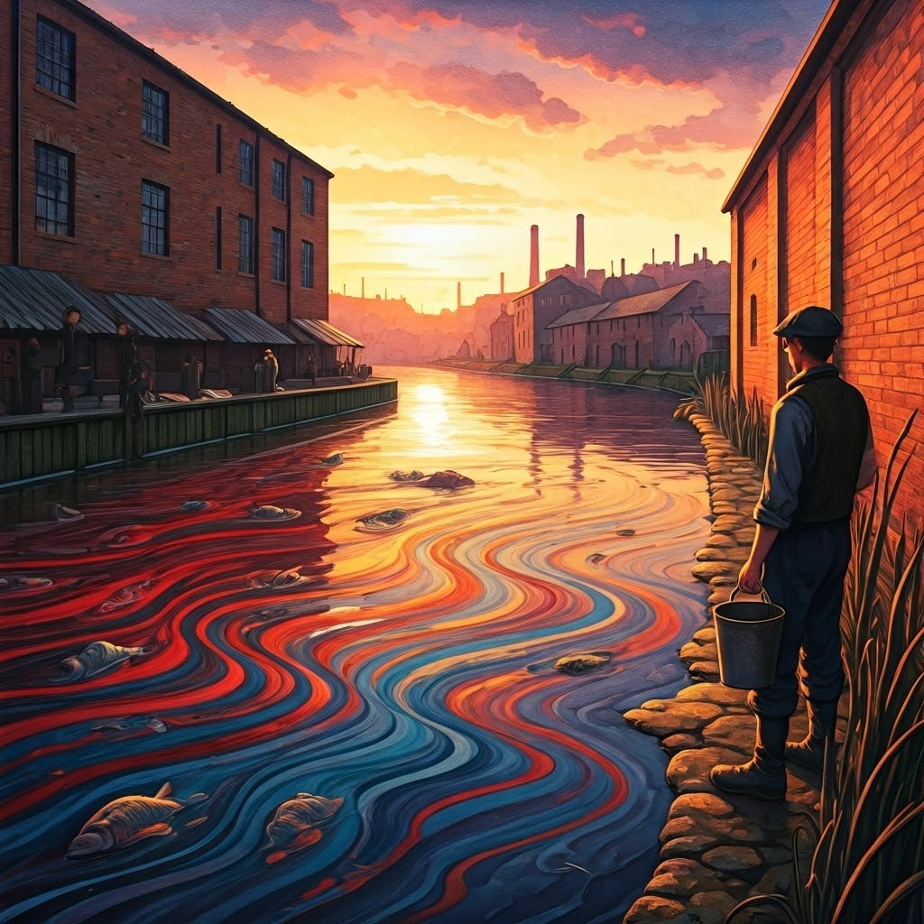 Watercolor of a polluted 19th-century river, swirling dye colors and dying fish near brick mills.