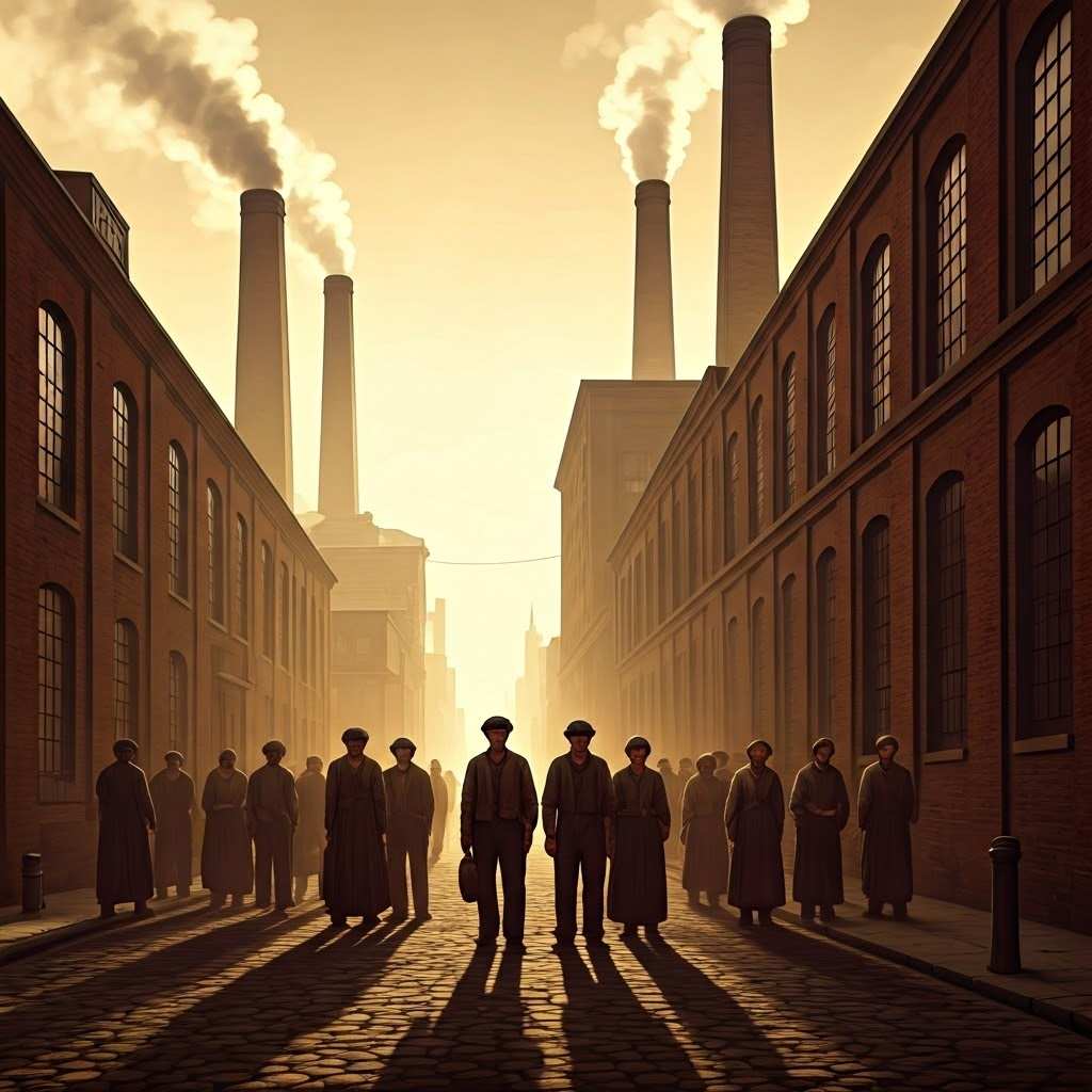 Early-morning industrial street where weary workers gather outside a looming textile mill, dawn light cutting through factory smoke to hint at new hope.