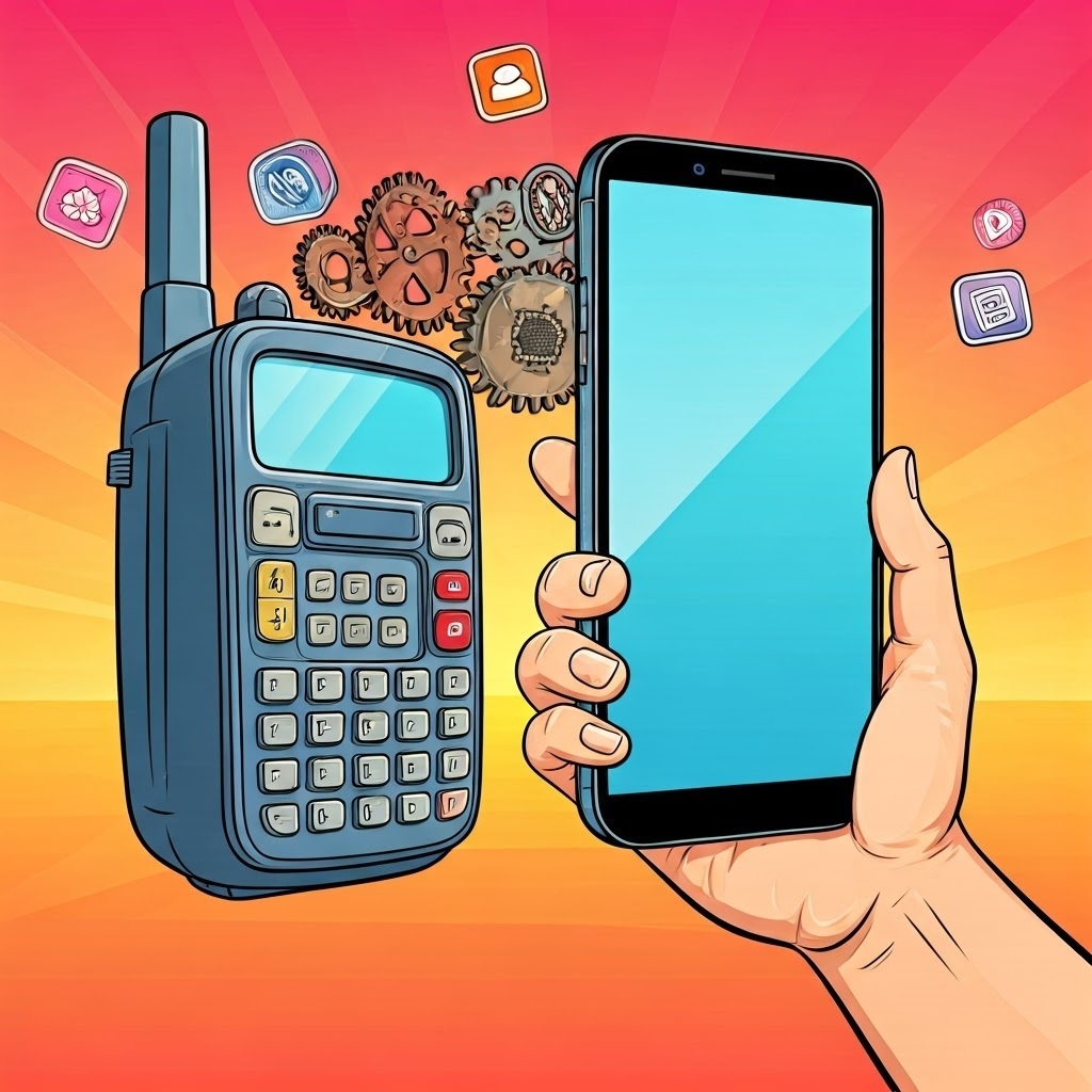 A chunky car-phone morphs into a sleek smartphone, surrounded by floating microchips and app icons, symbolizing miniaturization and mobility.