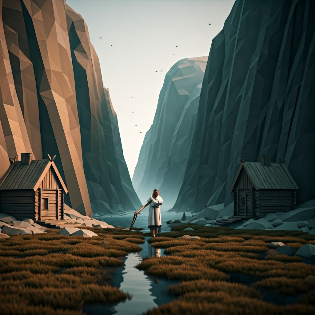 Low-poly 3D scene of a white-robed monk plowing a misty bog beside simple huts and cliffs, underscoring austere Cistercian life.