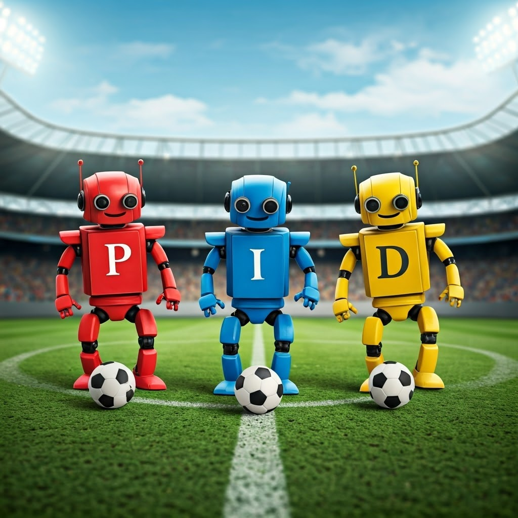 Three colored robots labeled P, I, D passing a soccer ball, showing teamwork of control elements.