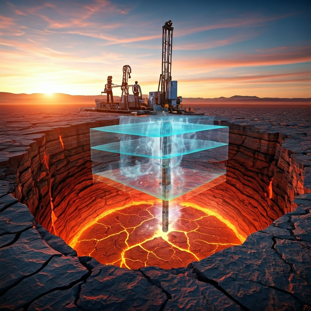 Engineers oversee a deep well where high-pressure water cracks hot granite, creating a network that sends steam to the surface.