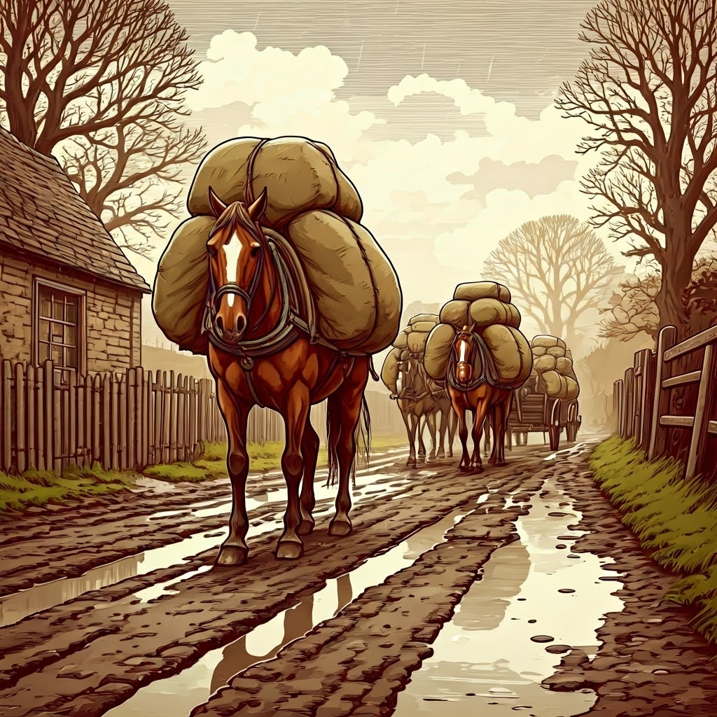 18th-century packhorses slog through a rain-soaked English lane, showing early transport struggles.