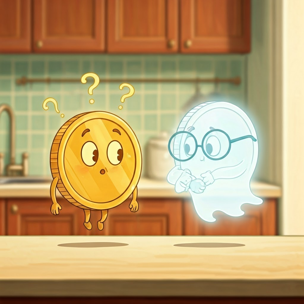 A playful scene shows one solid coin beside a ghostly translucent coin, both floating above a kitchen counter as they react with curious faces.