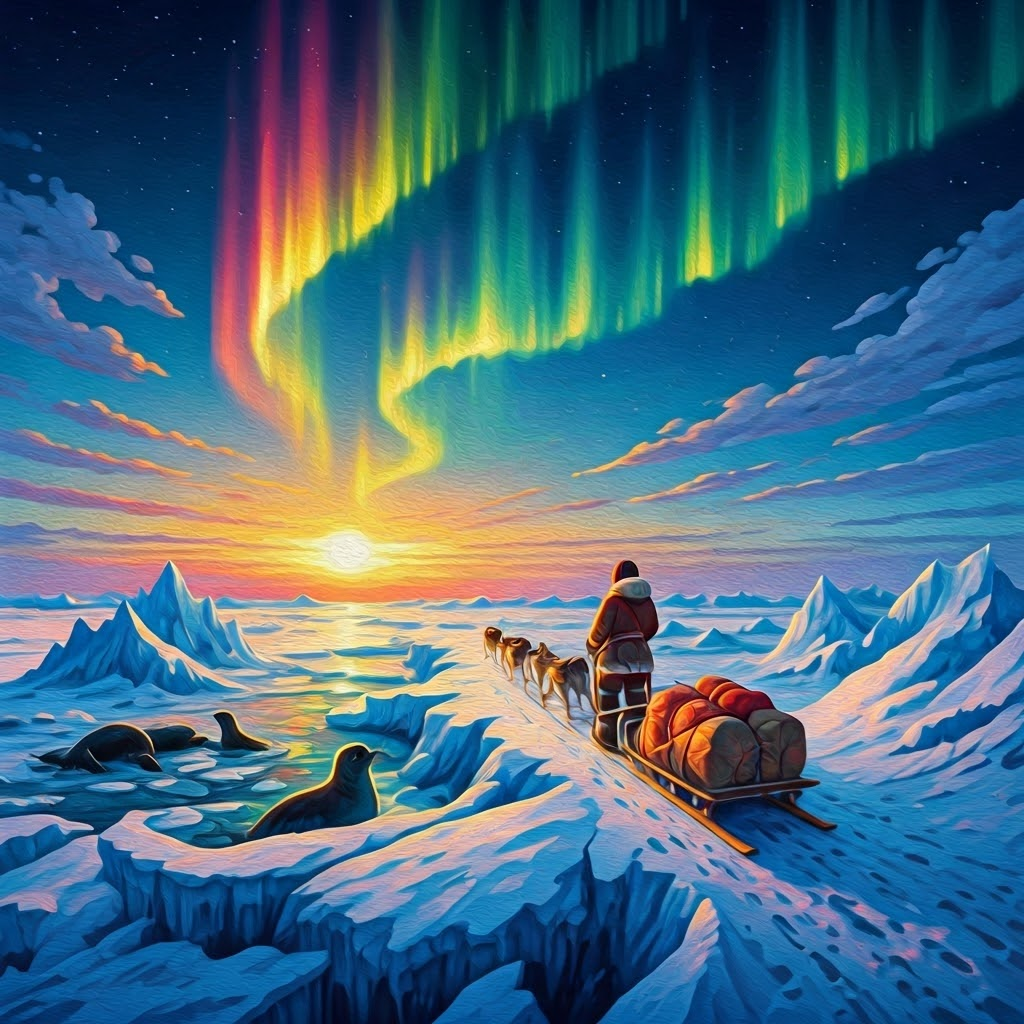 An Inuit musher guides a dog sled over glowing snow at dawn, wildlife dotting the horizon—celebrating human and animal bonds with sea ice.
