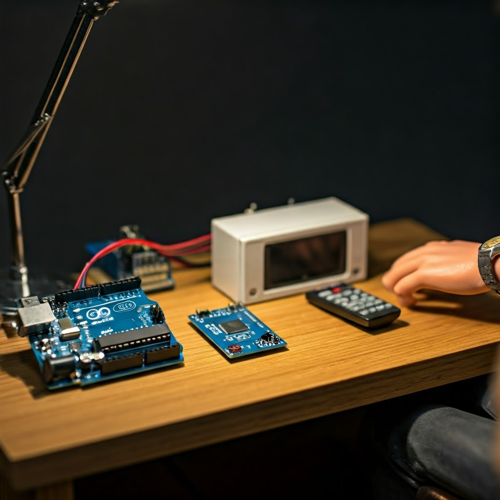 A miniature workbench displays an Arduino Uno, its microcontroller, and an STM32 Blue Pill, symbolizing common development boards.