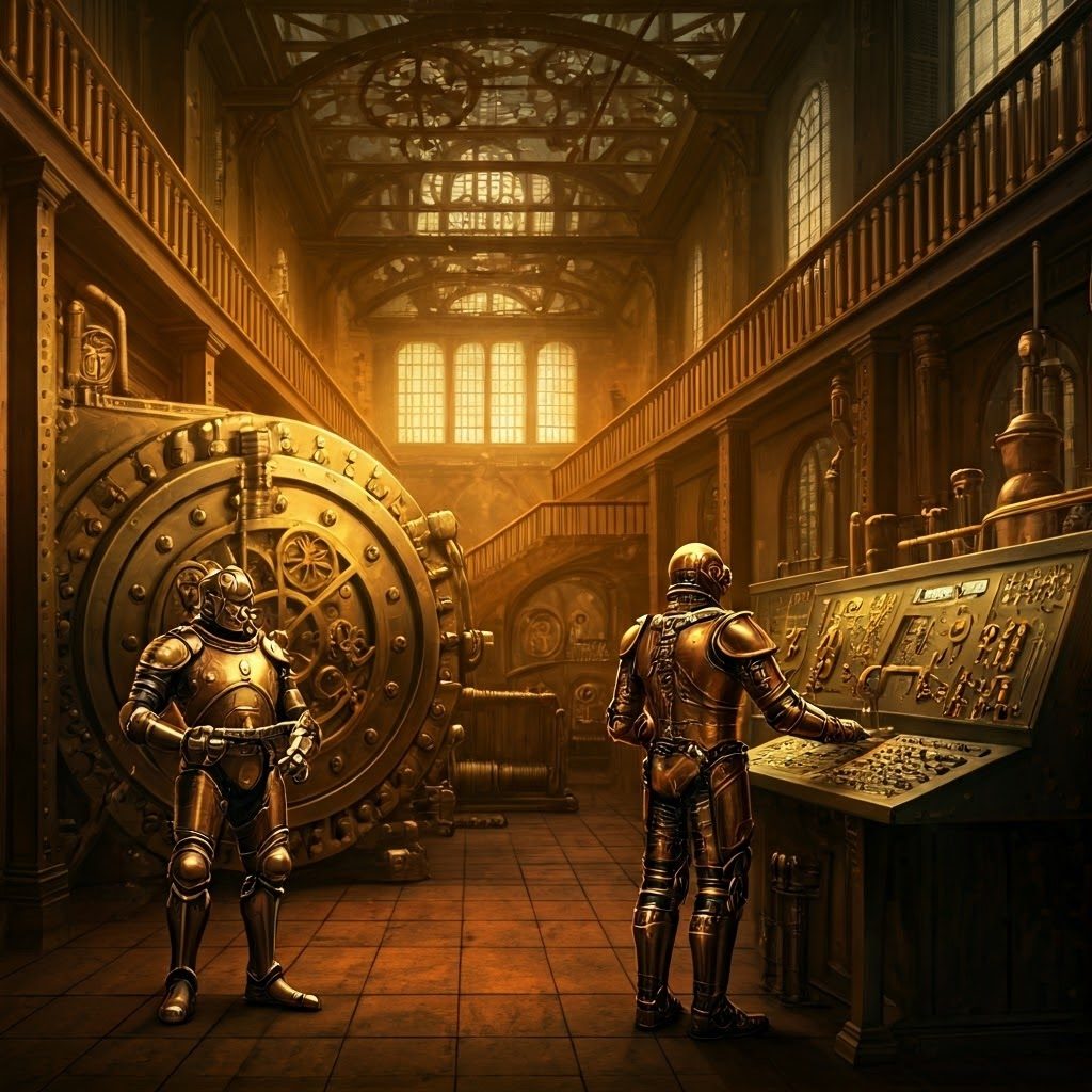 Two armored figures—one for a centralized exchange, one for a decentralized exchange—face off in a steam-powered trading hall.