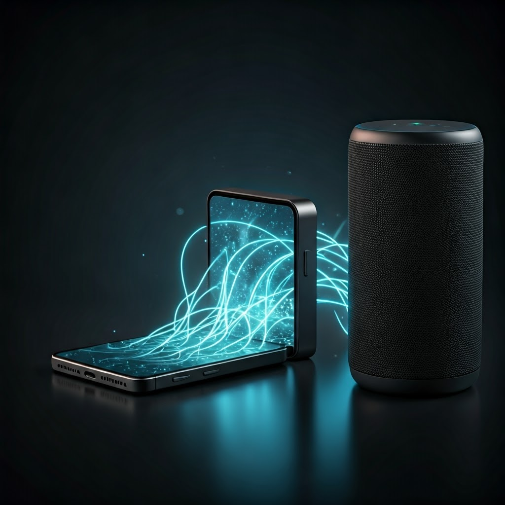 Photoreal render of modern devices linked by glowing data streams, showing early internet ideas in today’s tech.