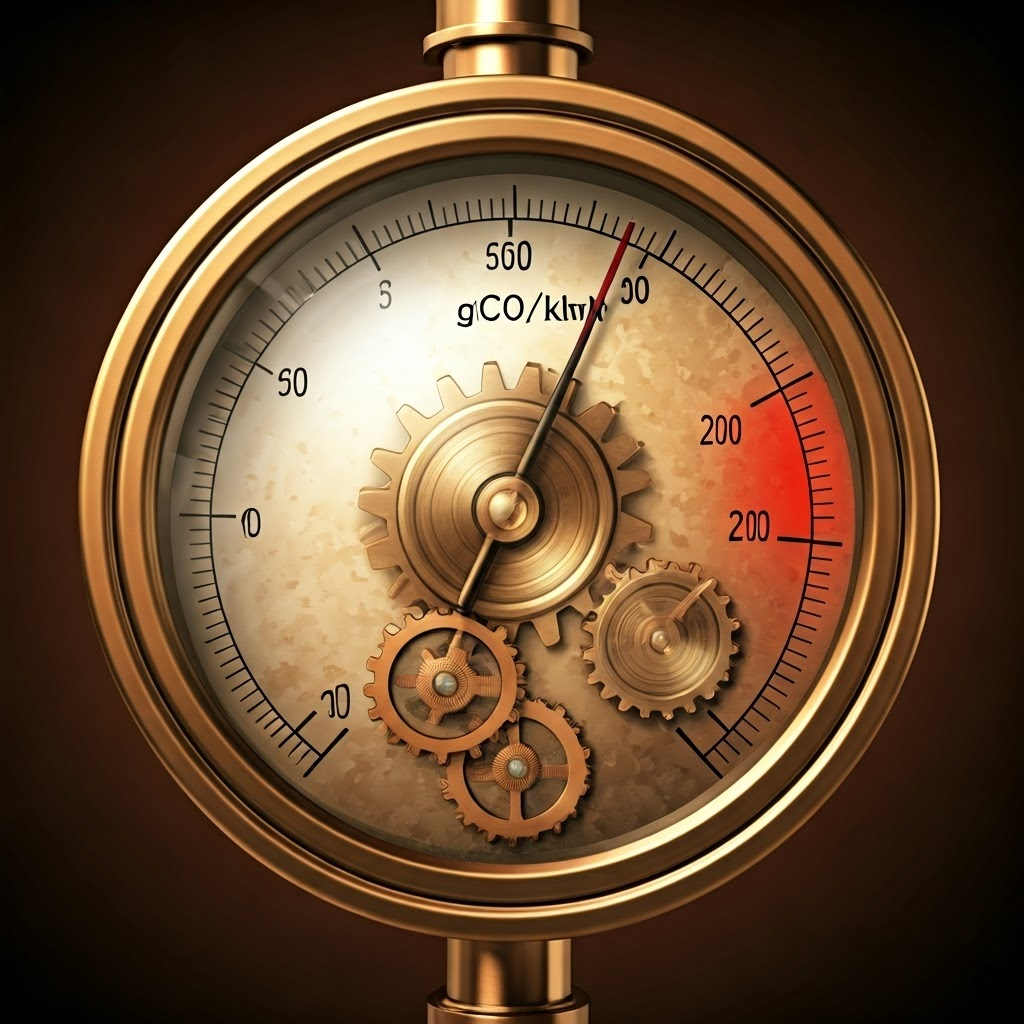 Brass gauge shows carbon intensity needle moving from red to green zones