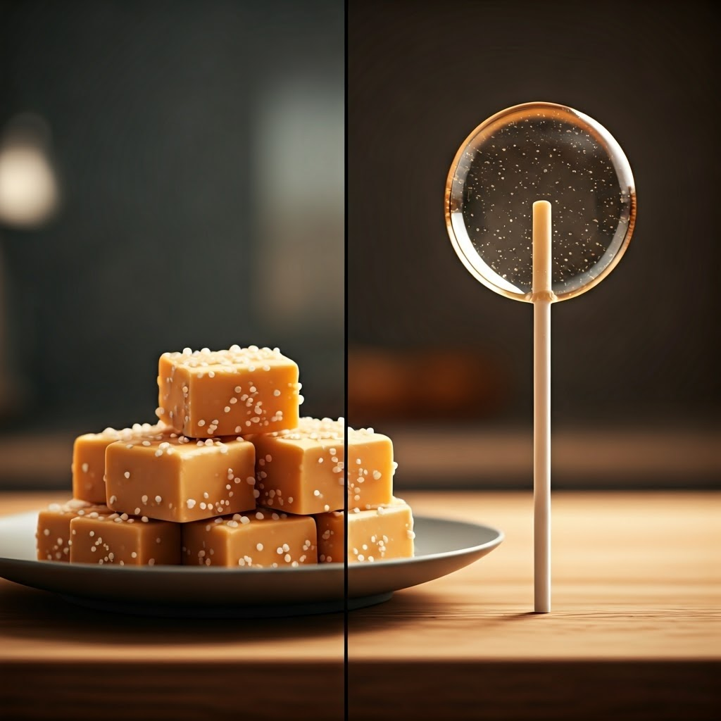 Side-by-side view of grainy fudge and shiny lollipop highlighting crystalline versus glassy textures.