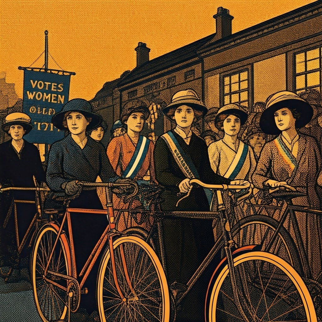 Suffrage-era women cyclists gather before a town hall, banners reading “Votes for Women” framing their determined faces.