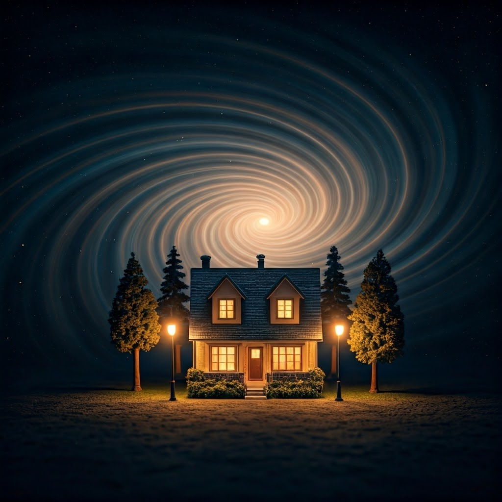 Miniature suburban house perched on a glowing spiral arm under a star-filled sky