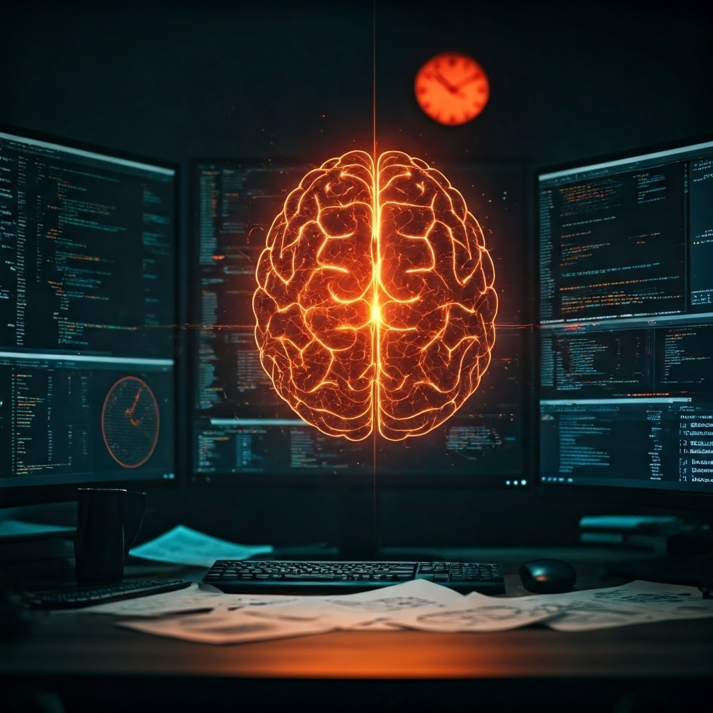 Focused coder with fiery orange brain pathways highlights norepinephrine’s role in deadline-driven concentration.