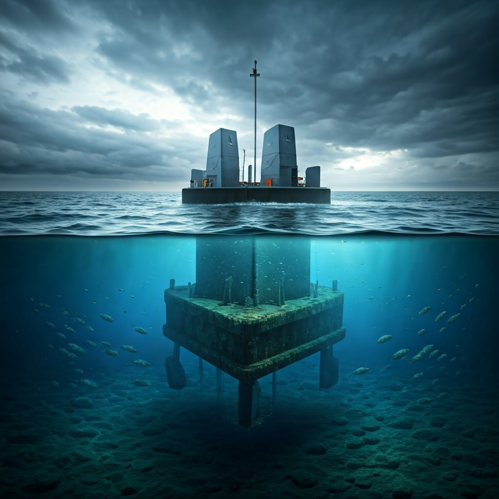 Underwater view of a wave energy converter tethered to the seabed, with fish darting around and a stormy Scottish coast in the distance.