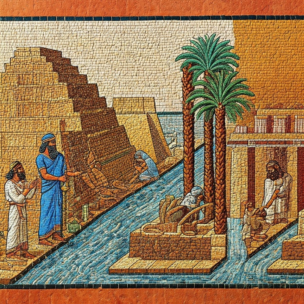 Colorful mosaic showing Sumerians pouring libations at a ziggurat while artisans build public baths beside flowing channels.