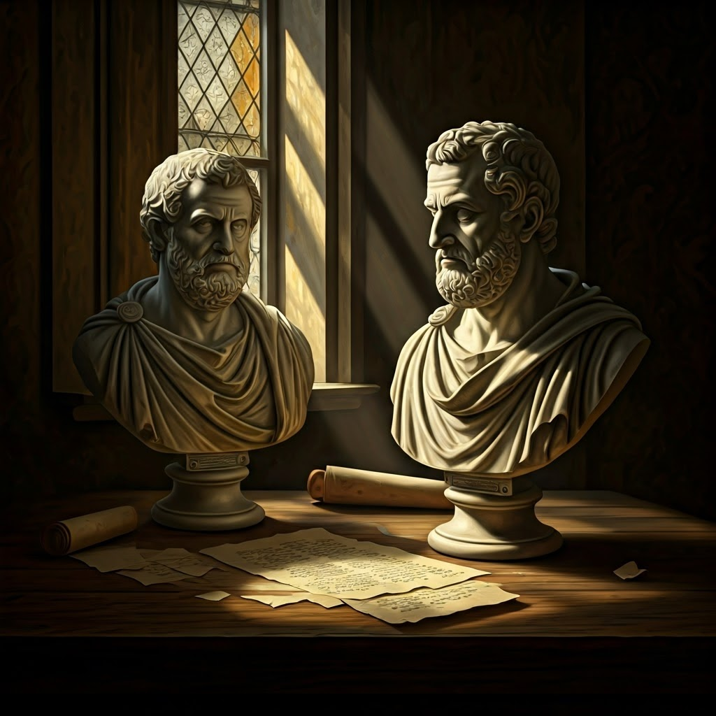 Two illuminated marble busts of Cicero and Seneca rest among scrolls, highlighting revived classical voices.