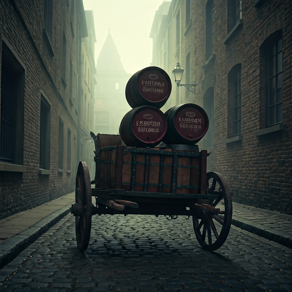 Moody film-style shot of smugglers loading wine barrels with hidden books into a cart on a misty dawn street