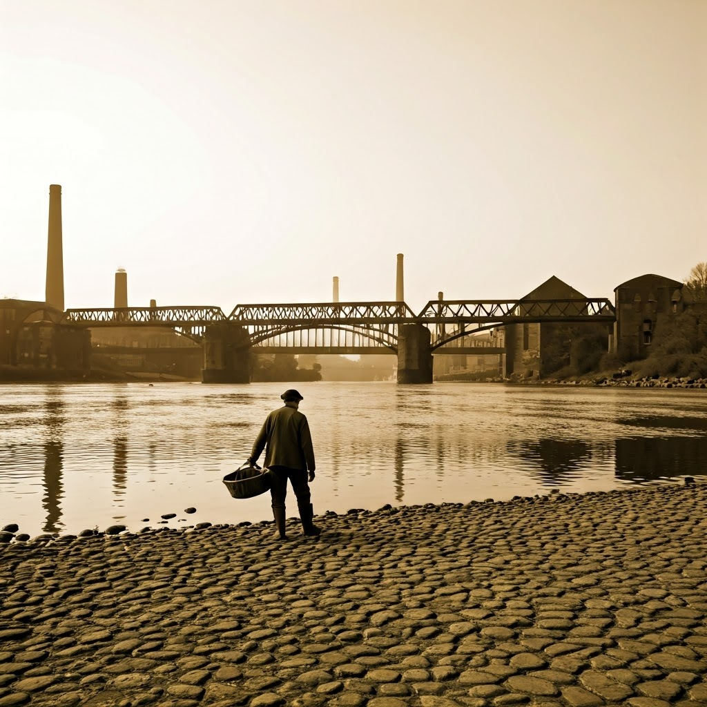 Sepia-toned photo recreation of a barren riverbank, lone fisherman with empty basket staring at dark water.