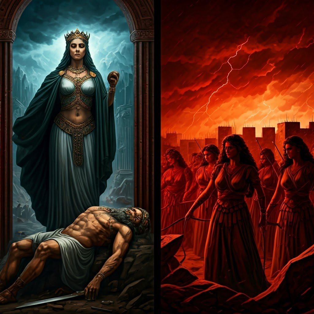 Queen Tomyris victorious and Carthaginian women crafting bowstrings.