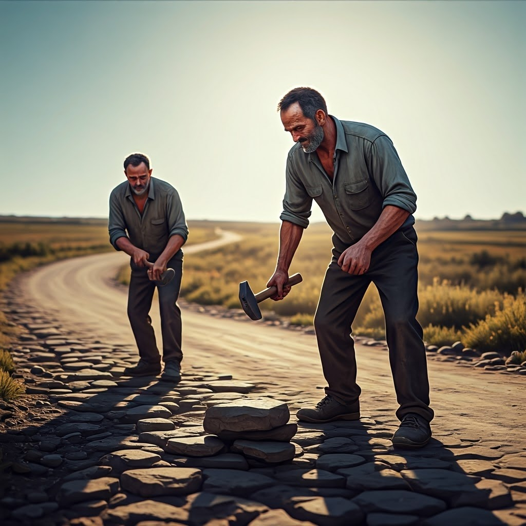 Two sun-baked laborers breaking stones on a dusty roadside—highlighting the toughness of manual work