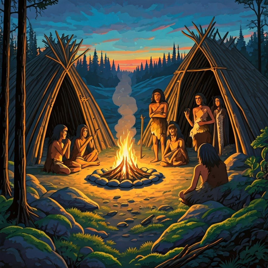 Prehistoric villagers gather around a fire at dusk, discussing simple rules that keep the camp calm.