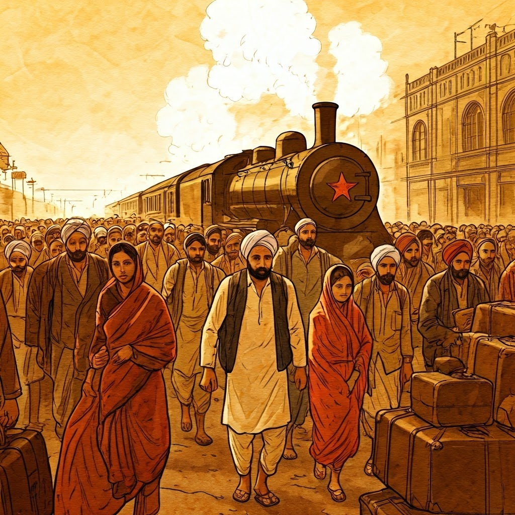 Sepia illustration of 1947 Indian Partition refugees crowded on a train platform, highlighting mass displacement.