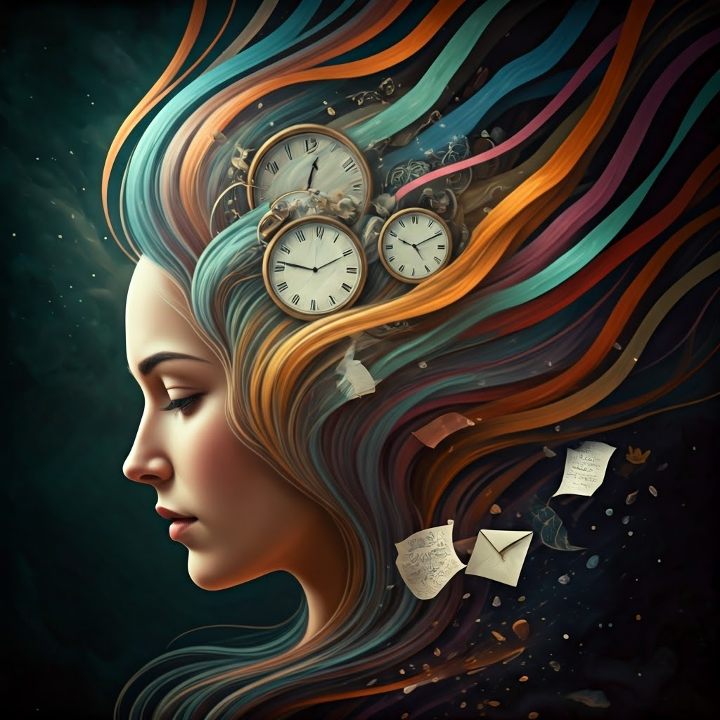 A woman’s thoughtful face fades into ribbon-like rivers of memories, clocks, and letters, visualizing the nonstop flow of inner life