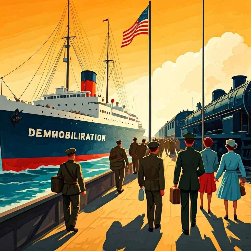 Vintage poster shows troops boarding trains under colorful “Demobilization” banners, capturing optimism and uncertainty.