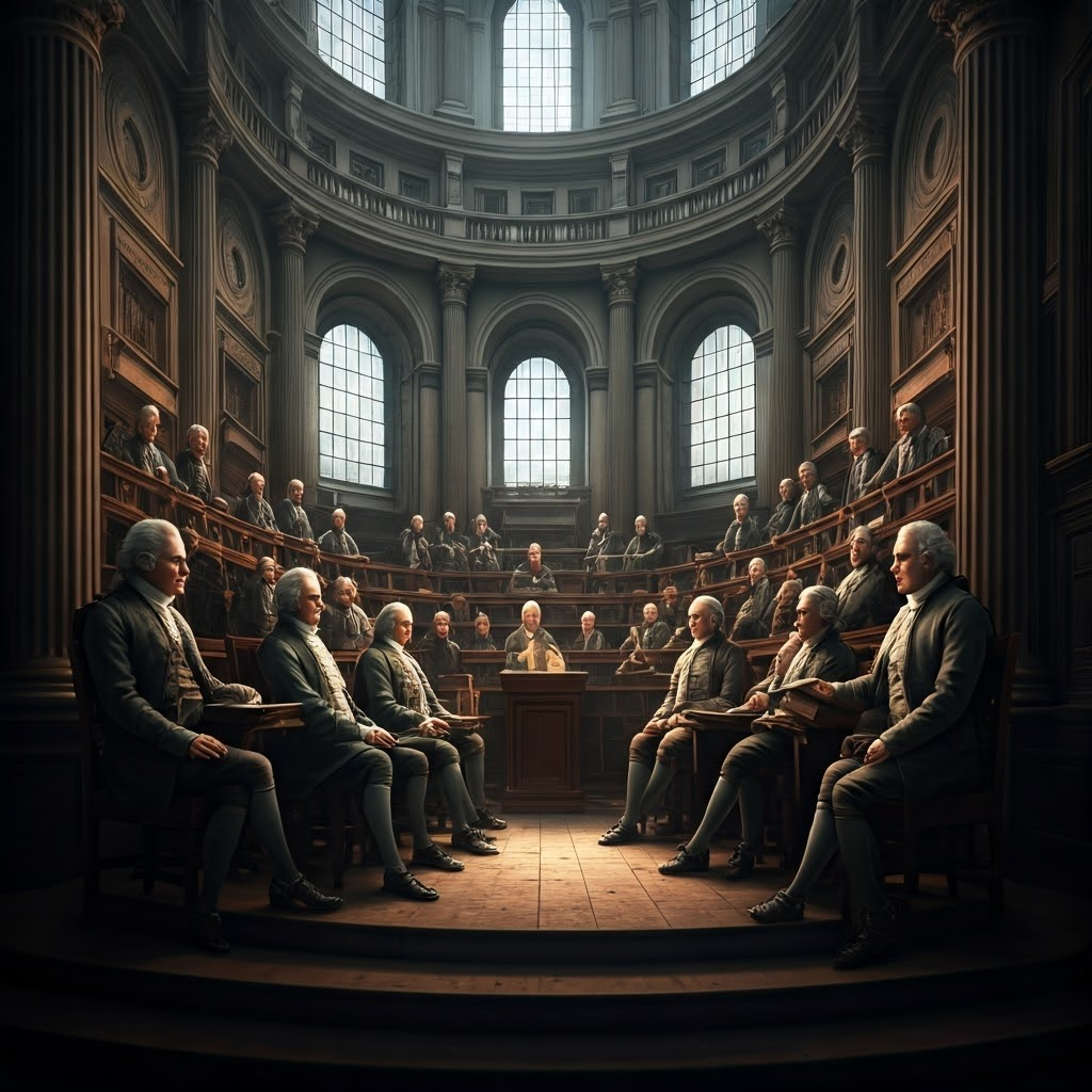 A passionate group in a historic hall engaged in lively scientific debate and knowledge-sharing