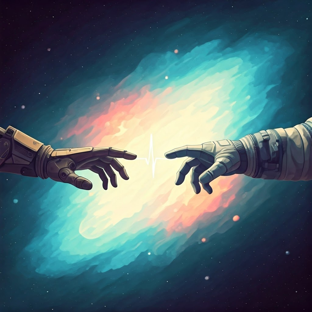 A robotic hand and a gloved human hand almost touch while sharing a glowing pulse, symbolizing successful deep-space contact.