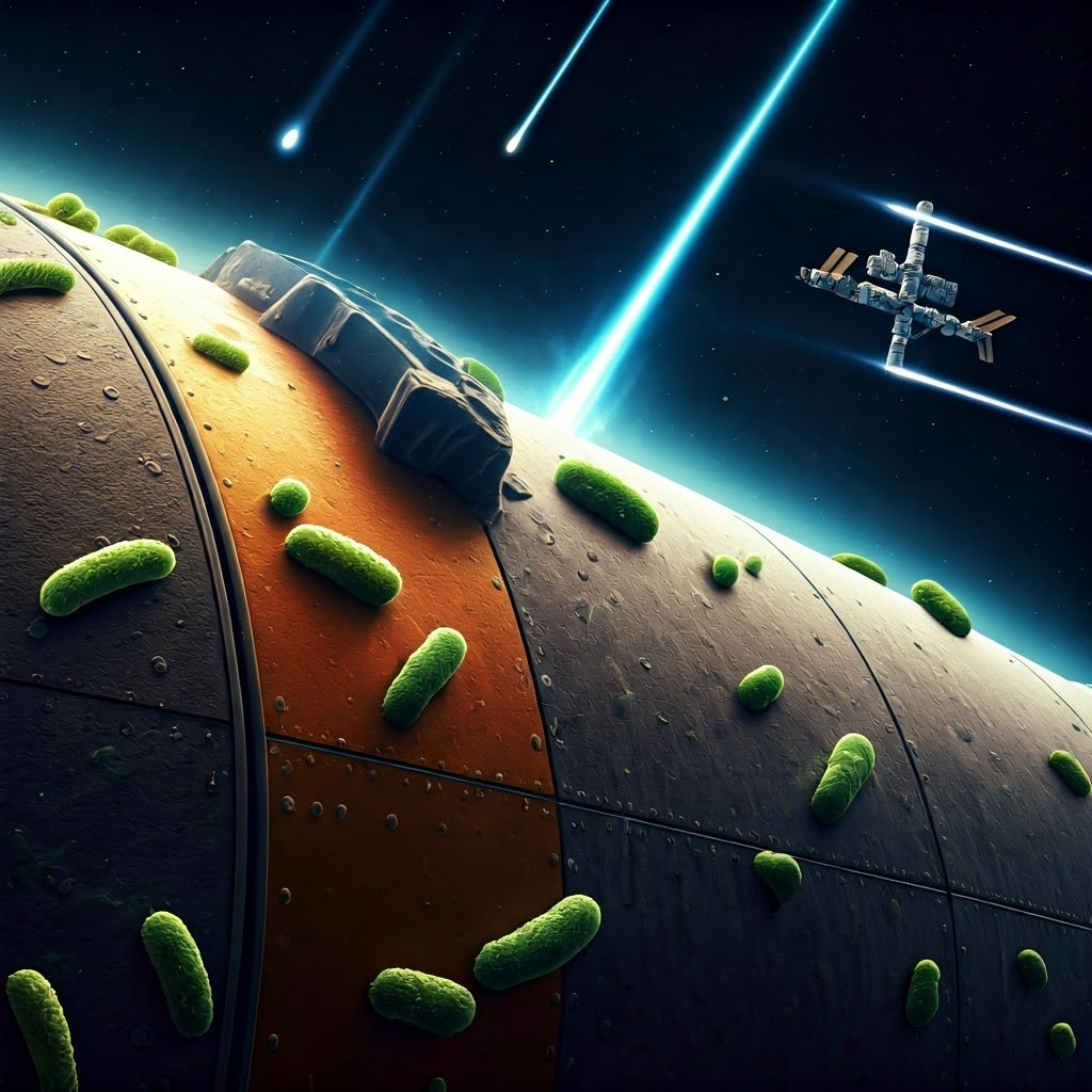 Microbes cling to a spacecraft hull in deep space, demonstrating their surprising resilience on long voyages.