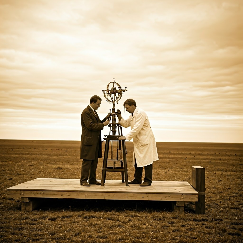 Two 1887 scientists adjust a precise interferometer on an open wooden platform.