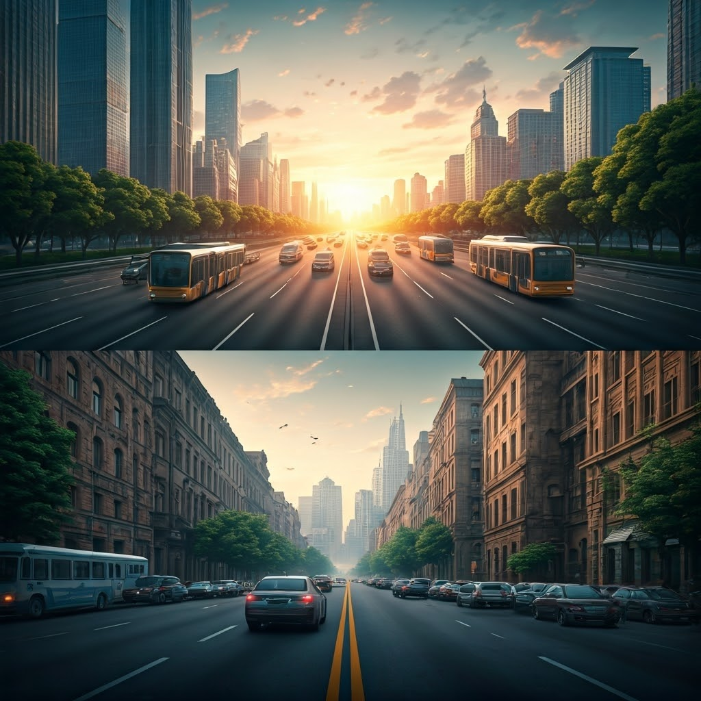 Montage of four city scenes: robo-buses, self-driving cars, upgraded buses, and congested streets, capturing diverse futures