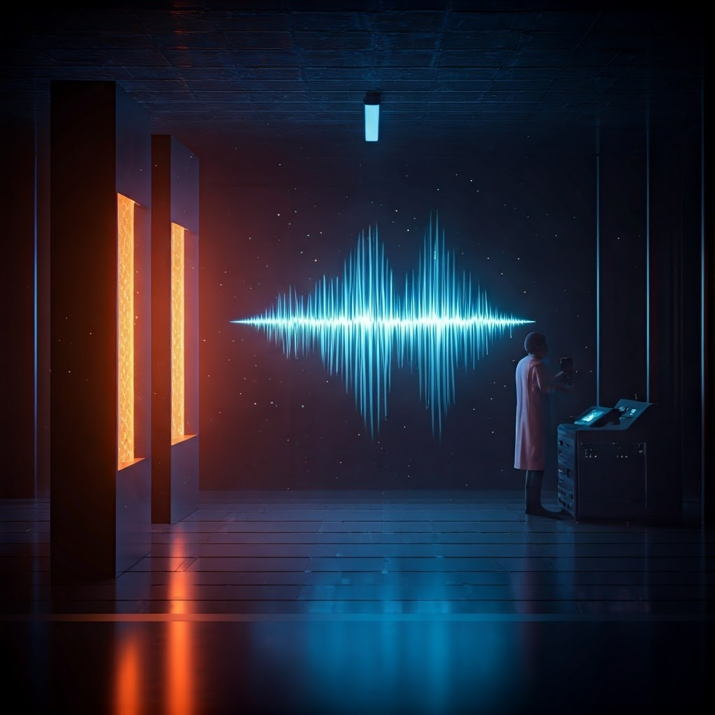 Electrons pass through two glowing slits and form a striped interference pattern on a screen, with a lone scientist adjusting a detector in the background.