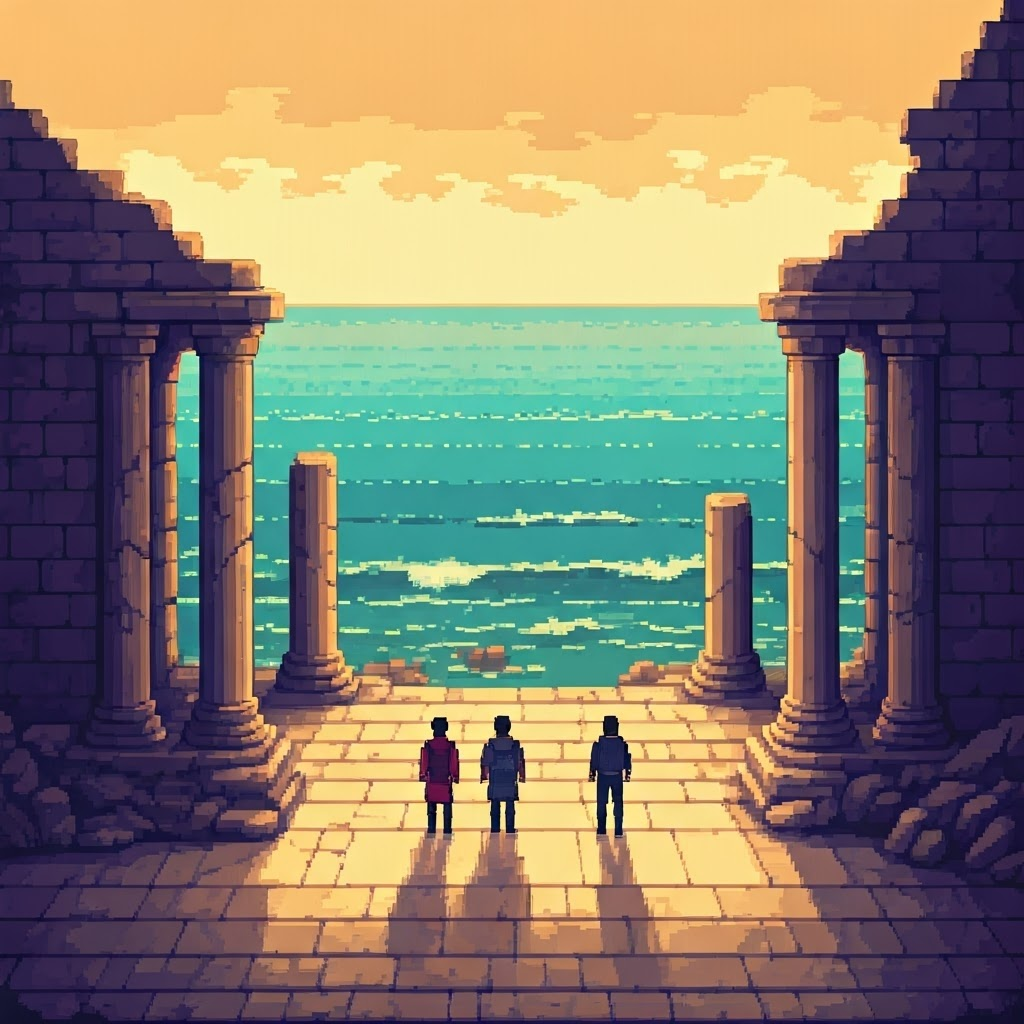 Pixel art view of coastal Miletus at dawn, three small figures gaze over calm waves and broken columns