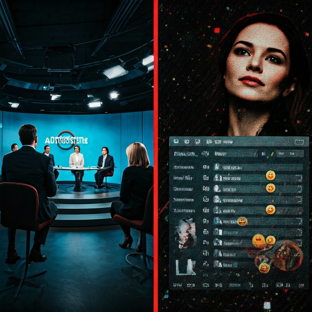 A split-screen collage contrasting a bustling news studio and a chaotic dashboard of likes and shares. On one side, journalists discuss authenticity; on the other, streams of emojis and counters overlay real faces. Style: glitch-collage editorial illustration combining pop art colors, halftone patterns, and digital artifacts to explore authenticity, popularity race, and the speed of online art judgment.