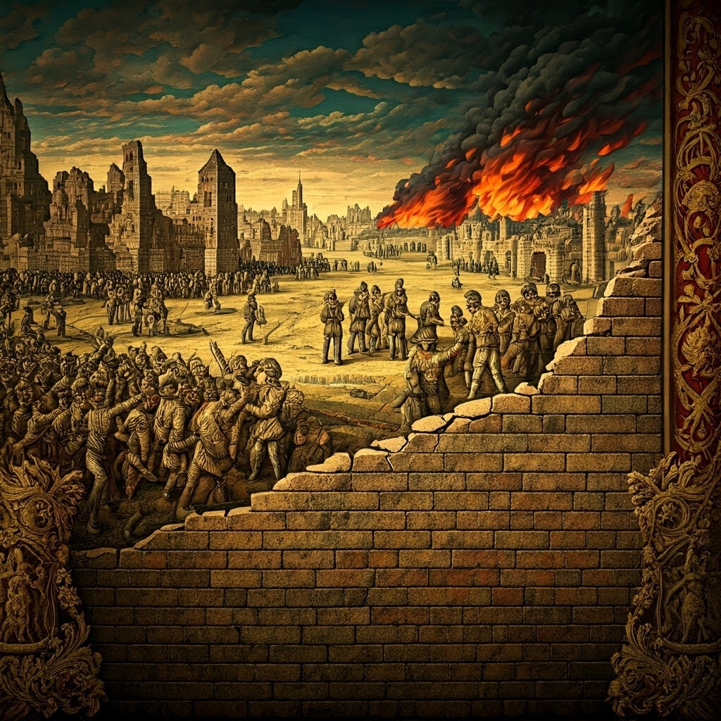 Tapestry-style image weaving battles, celebrations, and ruins into a story of Europe’s final push.