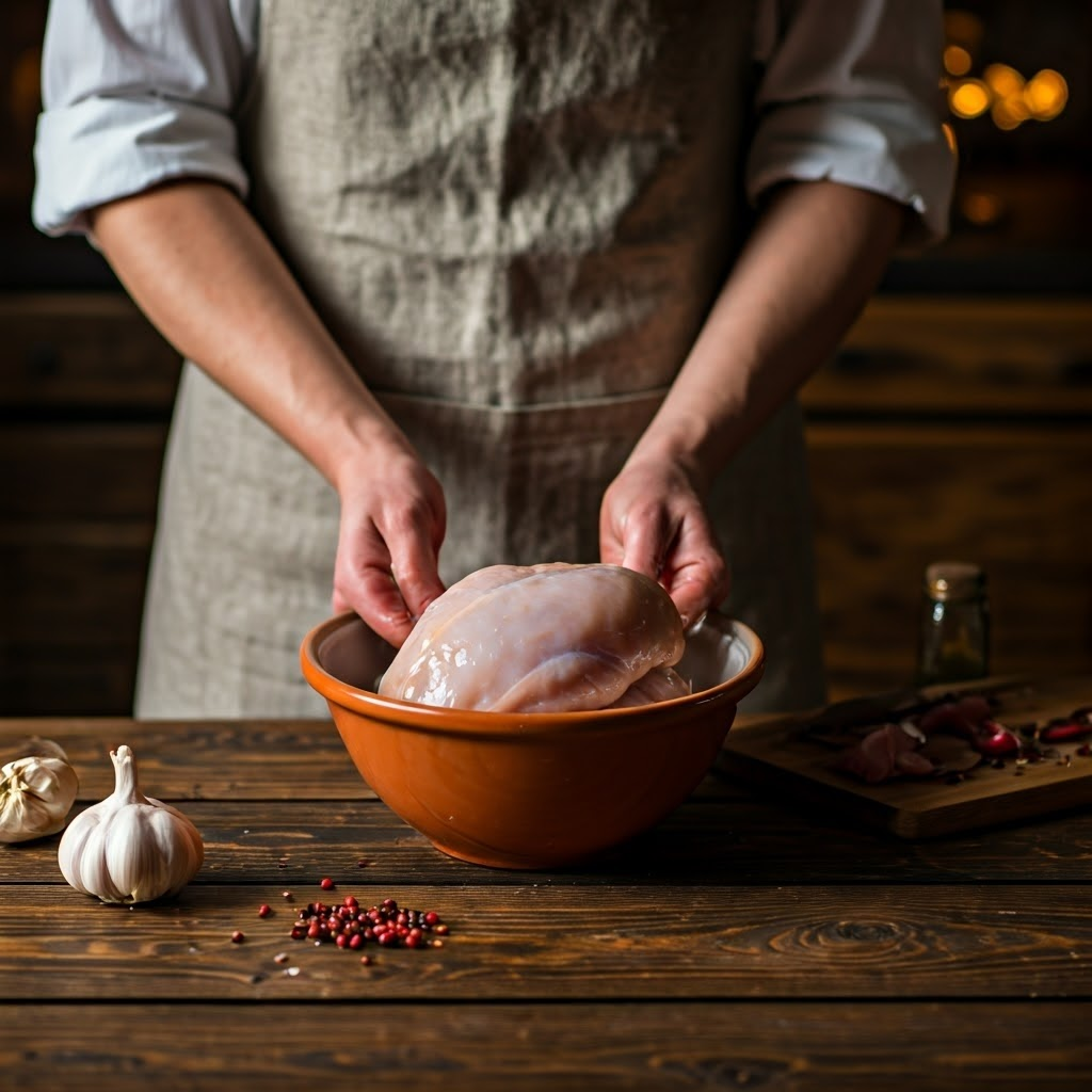 Chef in a rustic kitchen lowering a raw chicken breast into a brine bowl, warm low-key lighting