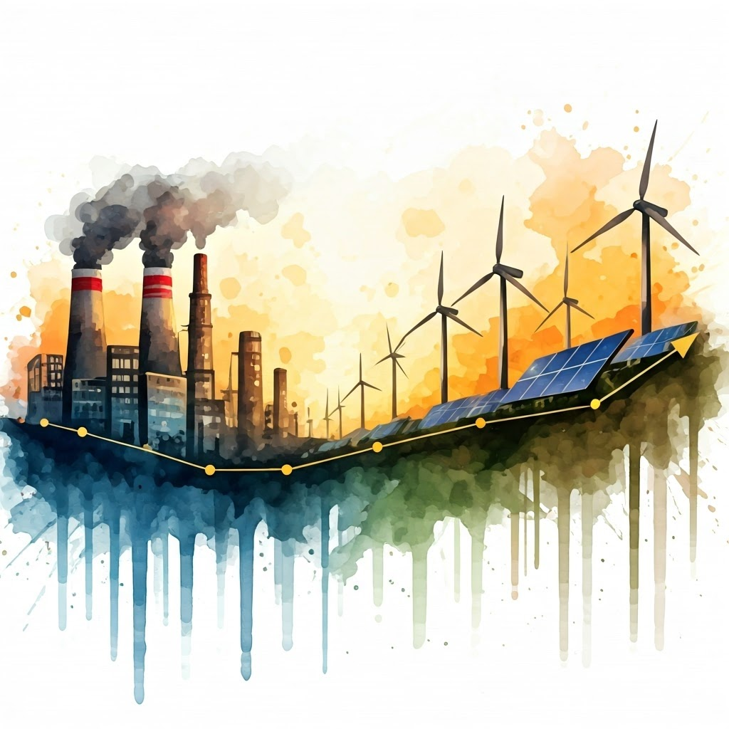 Colorful timeline shifts from coal plants to wind turbines and solar panels