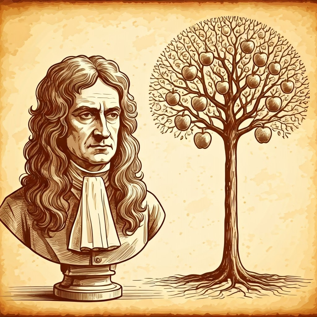 Bust of Newton beside a tree with falling apples, paying homage to his insight