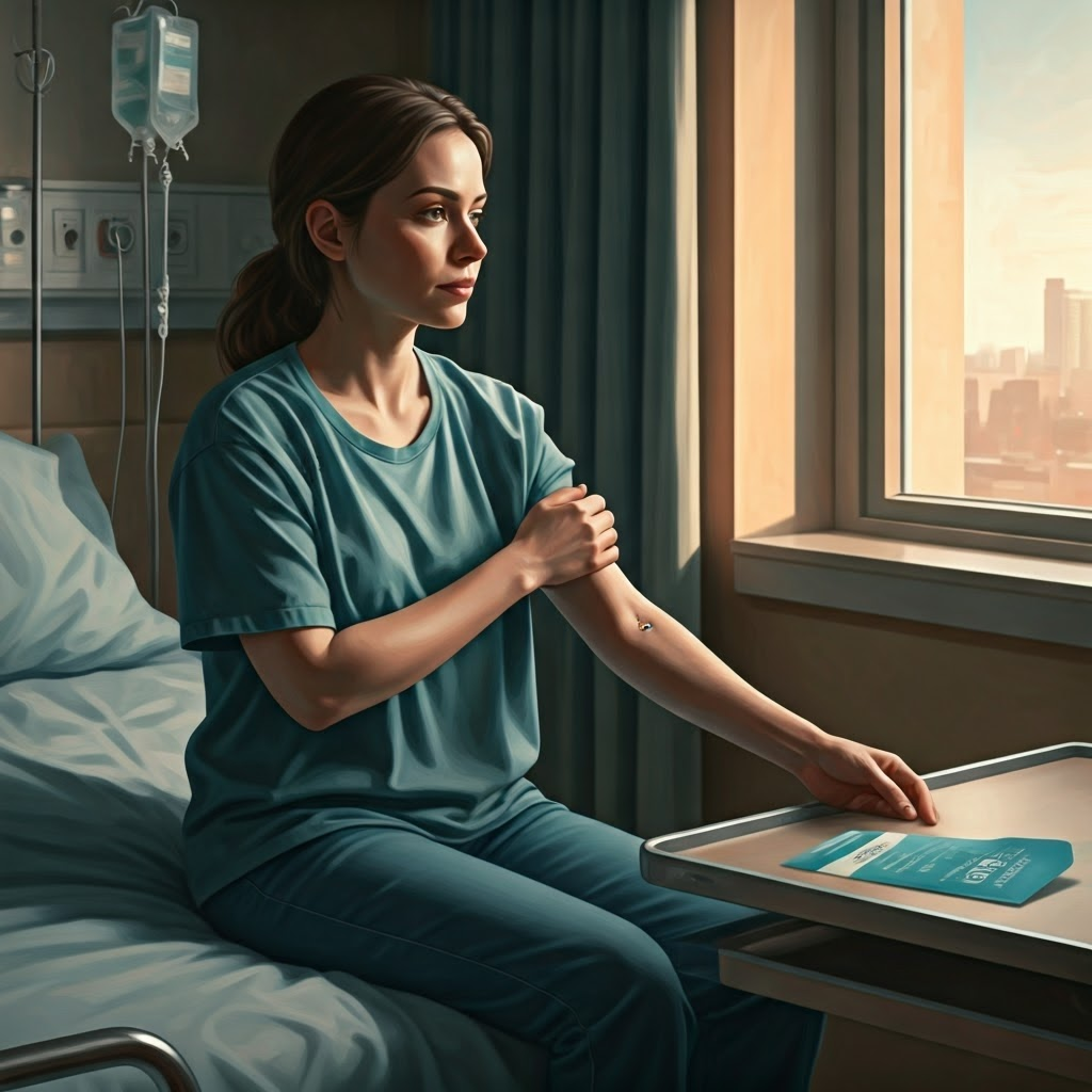 Hospital scene of a young woman with healed injection site and CRISPR brochure, symbolizing hope after therapy