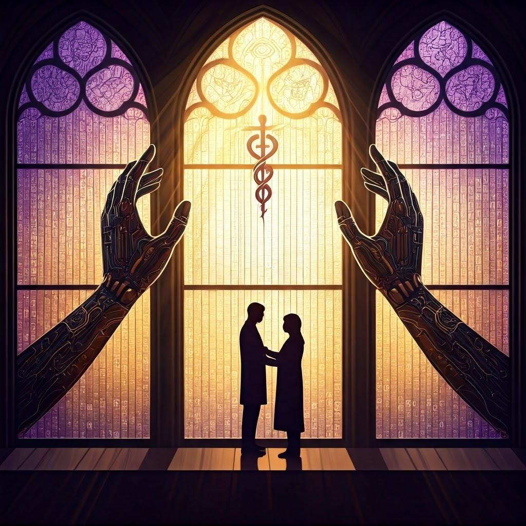 Serene stained-glass scene of AI gears supporting a doctor caring for a patient.