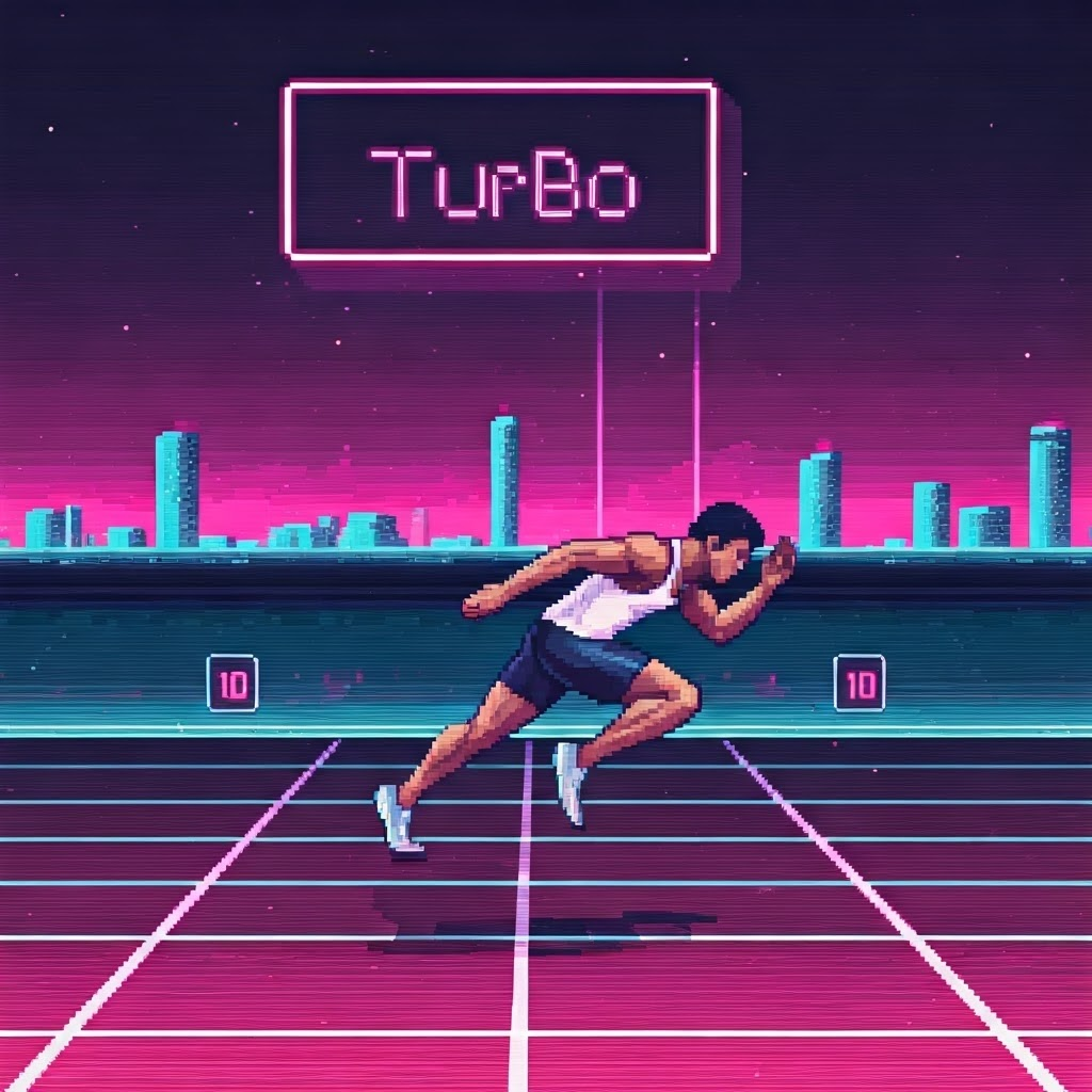 Retro pixel-art scene of a sprinter grabbing creatine power-ups on a ten-second timer.