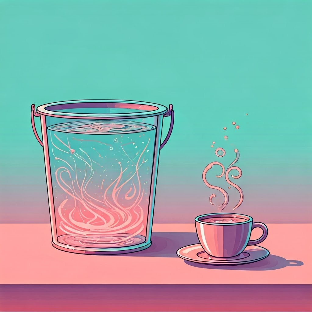 Large translucent bucket with swirling energy beside a small steaming coffee cup on a minimalist pastel table.