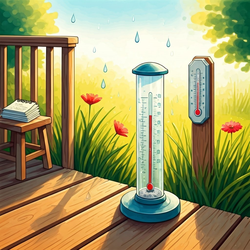 Watercolor scene of a volunteer checking a rain gauge and thermometer at a backyard station, capturing a casual citizen-science moment.