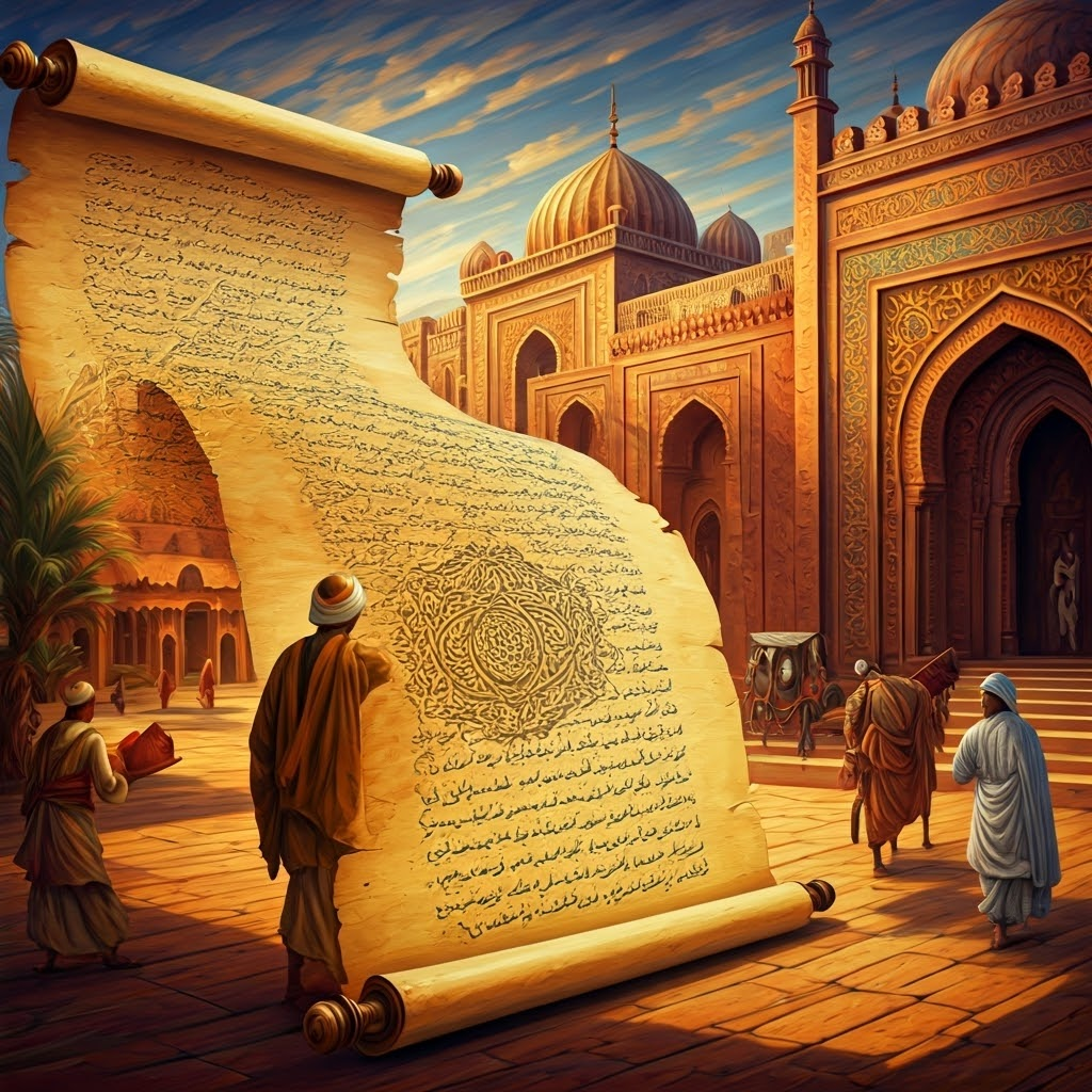 Layered dynasties blend Moorish courts, Mughal domes, and caravans over scrolls of sharia