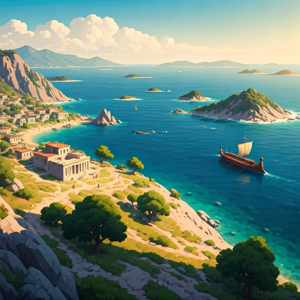Rugged Greek coastline with scattered villages and a lone trireme, conveying how mountains and sea kept communities apart